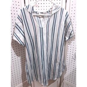 Time and Tru Striped Hooded Tunic Top L G 12 14 Gray White Blue Pink Short